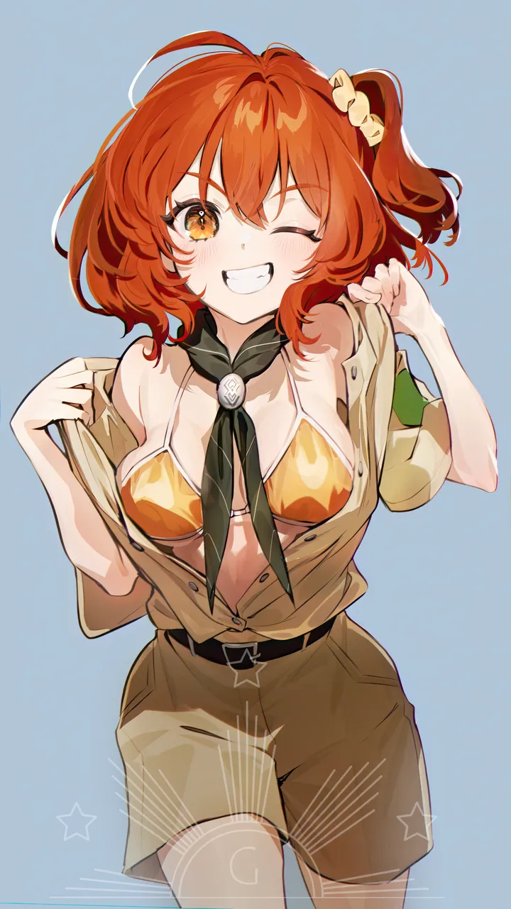 1girl,medium_breasts,breasts,bangs,solo,one_side_up,ahoge,hair_scrunchie,hair_ornament,official_alternate_costume,scrunchie,orange_hair,orange_bikini,orange_eyes,bikini,swimsuit,belt,looking_at_viewer,short_hair,shorts,vertical,smile,blush,blue_background,open_clothes,one_eye_closed,bare_shoulders,grin