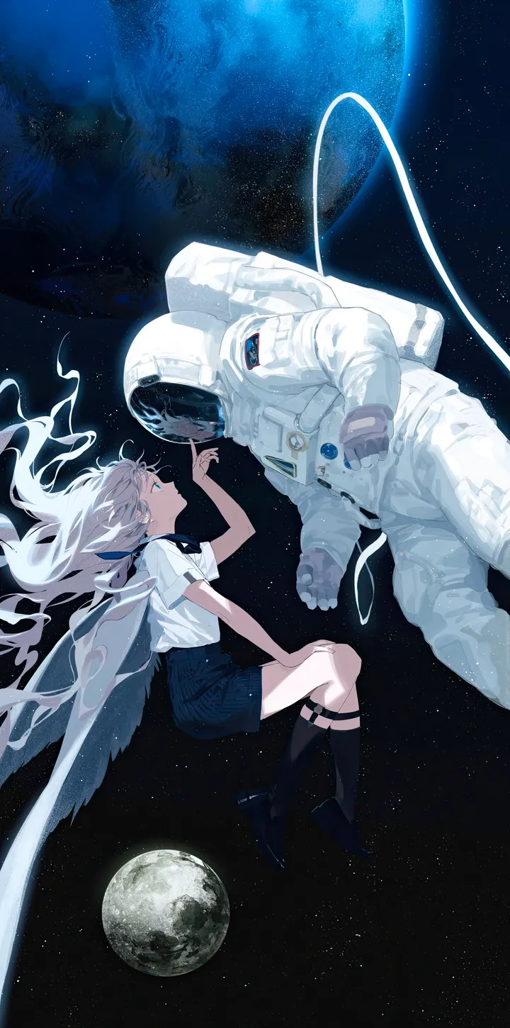 1girl,1other,profile,kneehighs,legwear_garter,sky,space_helmet,space,astronaut,spacesuit,star_sky,starry_sky,moon,collared_shirt,floating,white_hair,white_shirt,looking_at_another,short_sleeves,shorts,vertical,wings,blue_eyes,blue_shorts,planet,shirt,shirt_tucked_in,socks,long_hair,shoes,floating_hair,black_socks,black_footwear