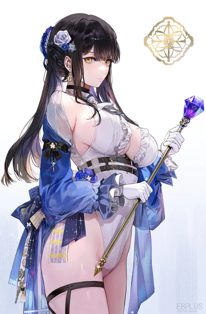 1girl,cowboy_shot,breasts,cleavage,sideboob,bangs,solo,thighs,thigh_strap,hair_flower,hair_ornament,sidelocks,parted_lips,gloves,holding_staff,holding,simple_background,staff,jewelry,mole,white_gloves,white_background,white_leotard,looking_at_viewer,vertical,standing,leotard,earrings,frills,large_breasts,long_hair,long_sleeves,highleg,highleg_leotard,flower,yellow_eyes,black_hair