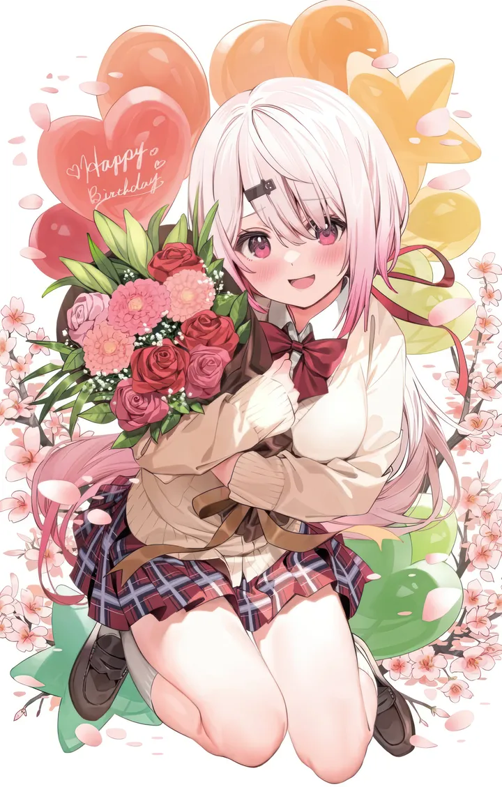 1girl,virtual_youtuber,ribbon,loafers,breasts,bangs,solo,hairclip,multicolored_hair,hair_ribbon,hair_ornament,hair_between_eyes,cardigan,open_mouth,very_long_hair,holding_bouquet,holding,collared_shirt,school_uniform,plaid,plaid_skirt,brown_cardigan,brown_footwear,balloon,rose,happy_birthday,white_hair,white_background,white_shirt,white_socks,pleated_skirt,looking_at_viewer,skirt,vertical,smile,pink_hair,pink_eyes,pink_flower,red_ribbon,red_eyes,red_skirt,red_flower,red_bow,red_bowtie,blush,bouquet,petals,bow,shirt,socks,miniskirt,long_hair,long_sleeves,shoes,bowtie,ponytail,flower