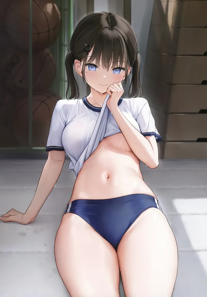 1girl,x_hair_ornament,underboob,medium_breasts,breasts,gym_storeroom,gym_uniform,bangs,solo,twintails,hairclip,closed_mouth,sitting,mat,thighs,hair_ornament,indoors,stomach,arm_support,lifted_by_self,clothes_lift,sweat,mole_under_eye,mole,white_shirt,looking_at_viewer,short_sleeves,vertical,smile,basketball,navel,blush,blue_eyes,blue_buruma,shirt,shirt_lift,vaulting_horse,gym_shirt,buruma,collarbone,black_hair