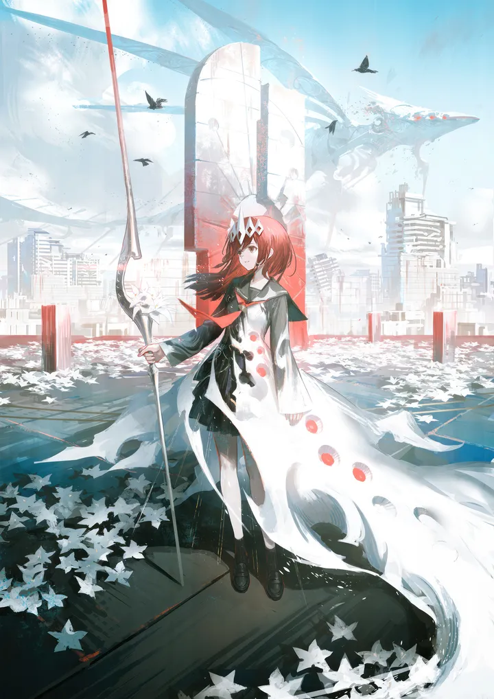 1girl,cloud,solo,sky,hair_ornament,building,outdoors,holding_weapon,holding,school_uniform,weapon,serafuku,sailor_collar,day,white_dress,vertical,standing,red_hair,red_eyes,dress,long_hair,shoes,flower,black_footwear