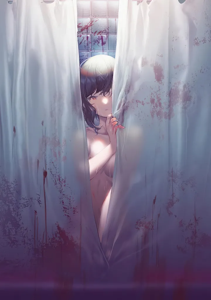 1girl,medium_breasts,breasts,bangs,solo,completely_nude,indoors,curtain_grab,tile_wall,looking_at_viewer,curtains,vertical,standing,red_eyes,blood,blood_splatter,wet,nude,collarbone,black_hair