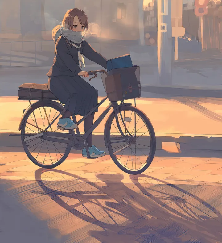 1girl,neckerchief,bangs,bag,solo,breath,scarf,ground_vehicle,sitting,outdoors,school_uniform,brown_hair,brown_eyes,serafuku,sailor_collar,white_neckerchief,pleated_skirt,skirt,vertical,bicycle,bicycle_basket,shirt,sneakers,pantyhose,bench,long_hair,long_sleeves,long_skirt,shadow,shoes,black_serafuku,black_skirt,black_shirt,black_pantyhose