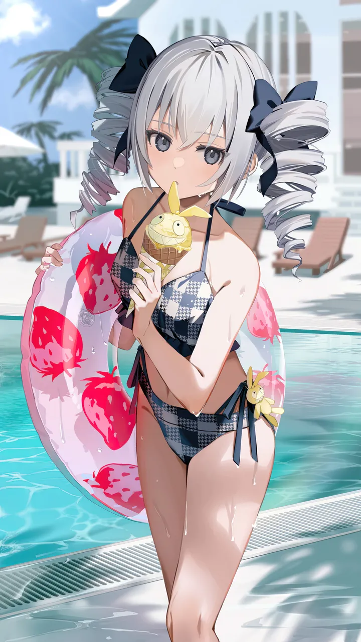 1girl,side-tie_bikini_bottom,breasts,cloud,ice_cream,ice_cream_cone,bangs,solo,twin_drills,poolside,sky,hair_between_eyes,outdoors,holding,holding_food,tree,plaid,plaid_bikini,palm_tree,blurry,blurry_background,bikini,innertube,pool,swimsuit,grey_hair,grey_eyes,day,looking_at_viewer,vertical,standing,navel,blue_sky,blue_bikini,bow,hair_bow,wet,small_breasts,drill_hair,collarbone,long_hair,bare_shoulders,food,black_bow