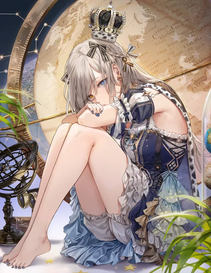 1girl,braid,detached_sleeves,ribbon,from_side,full_body,underwear,bangs,solo,globe,sitting,hair_ribbon,heterochromia,cape,hugging_own_legs,knees_up,nail_polish,sleeveless,star_symbol,moon,plant,toenail_polish,bloomers,grey_hair,jewelry,white_bloomers,crown,looking_at_viewer,short_sleeves,vertical,earrings,feet,toes,toenails,frills,blue_nails,blue_eyes,blue_dress,puffy_sleeves,bow,hair_bow,planet,bare_legs,barefoot,dress,mini_crown,long_hair,yellow_eyes