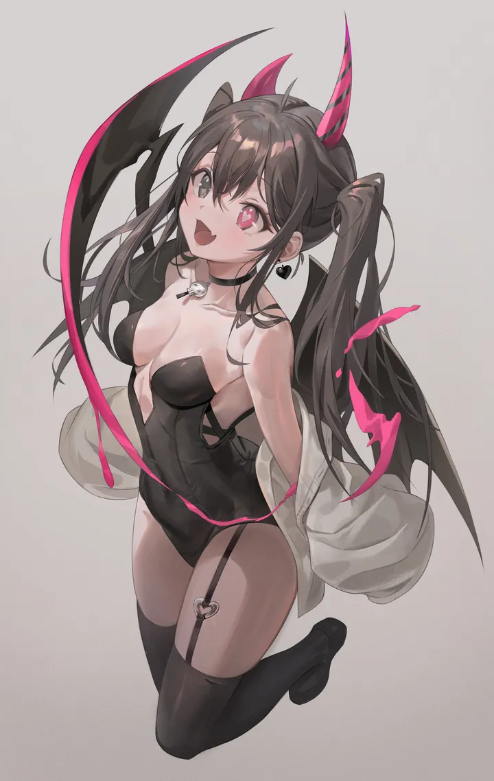 1girl,medium_breasts,breasts,cleavage,bangs,solo,twintails,garter_straps,ahoge,jacket,hair_between_eyes,heterochromia,open_mouth,heart,demon_girl,demon_wings,demon_horns,strapless,strapless_leotard,simple_background,grey_eyes,jewelry,white_background,looking_at_viewer,vertical,smile,symbol-shaped_pupils,pink_eyes,leotard,wings,earrings,fang,skin_fang,horns,open_clothes,thighhighs,collarbone,long_hair,bare_shoulders,off_shoulder,choker,black_hair,black_thighhighs,black_leotard,black_choker