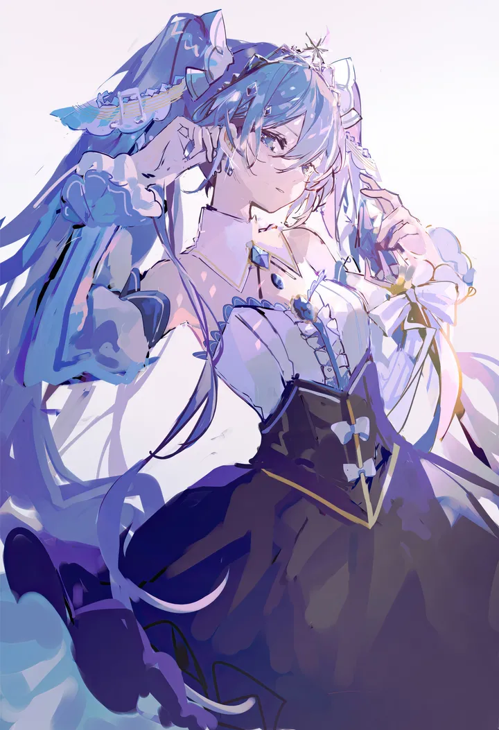 1girl,detached_sleeves,solo,twintails,hair_ornament,hair_between_eyes,very_long_hair,strapless,simple_background,jewelry,white_background,tiara,looking_at_viewer,vertical,frills,blue_hair,blue_eyes,blue_dress,puffy_sleeves,dress,long_hair,bare_shoulders,musical_note,musical_note_hair_ornament,detached_collar