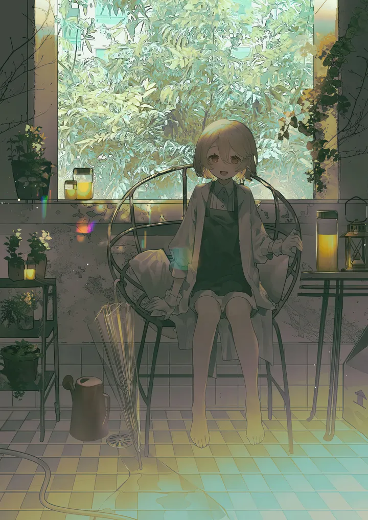 1girl,bangs,solo,sitting,indoors,hair_between_eyes,open_mouth,collared_shirt,table,brown_hair,brown_eyes,chair,plant,tiles,tile_floor,white_shirt,potted_plant,looking_at_viewer,short_hair,window,vertical,smile,blush,shirt,barefoot,dress,long_sleeves,umbrella