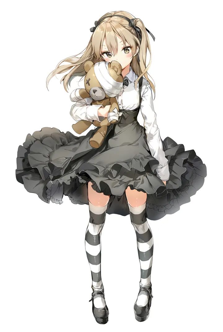 1girl,ribbon,full_body,bangs,solo,hairband,one_side_up,suspender_skirt,hair_ribbon,holding_stuffed_toy,holding,collared_shirt,simple_background,striped,striped_thighhighs,brown_hair,brown_eyes,stuffed_animal,stuffed_toy,teddy_bear,light_brown_hair,mary_janes,white_background,white_shirt,looking_at_viewer,skirt,vertical,standing,bandages,suspenders,blush,covered_mouth,bow,shirt,thighhighs,dress,long_hair,long_sleeves,shoes,bowtie,black_bow,black_footwear,black_bowtie