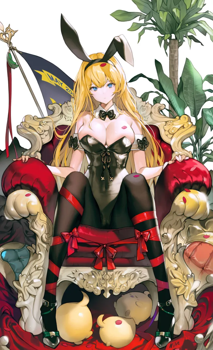 1girl,ribbon,breasts,cleavage,playboy_bunny,rabbit_ears,full_body,animal_ears,fake_animal_ears,solo,sitting,official_alternate_costume,armchair,strapless,strapless_leotard,chair,plant,looking_at_viewer,vertical,leotard,blue_eyes,bow,large_breasts,pantyhose,blonde_hair,long_hair,bare_shoulders,detached_collar,high_heels,black_pantyhose,black_leotard,black_footwear