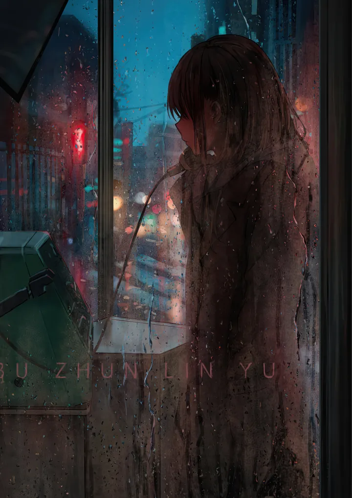 1girl,solo,looking_outside,coat,night,sky,indoors,building,earphones,brown_hair,water_drop,dark,window,vertical,standing,long_hair,rain