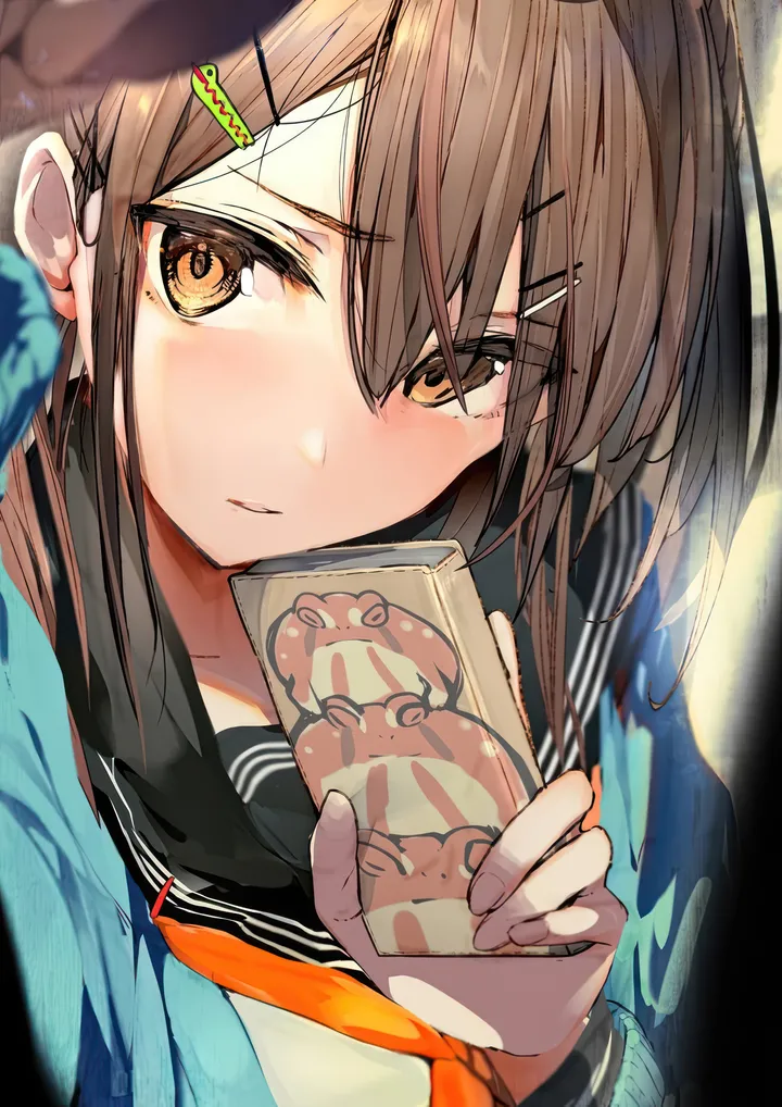 1girl,neckerchief,upper_body,bangs,solo,hairclip,closed_mouth,hair_ornament,hair_between_eyes,holding,holding_money,school_uniform,brown_hair,brown_eyes,blurry,orange_neckerchief,serafuku,sailor_collar,mole_under_eye,mole,white_shirt,looking_at_viewer,vertical,blush,blue_jacket,shirt,money,long_hair,long_sleeves,black_sailor_collar