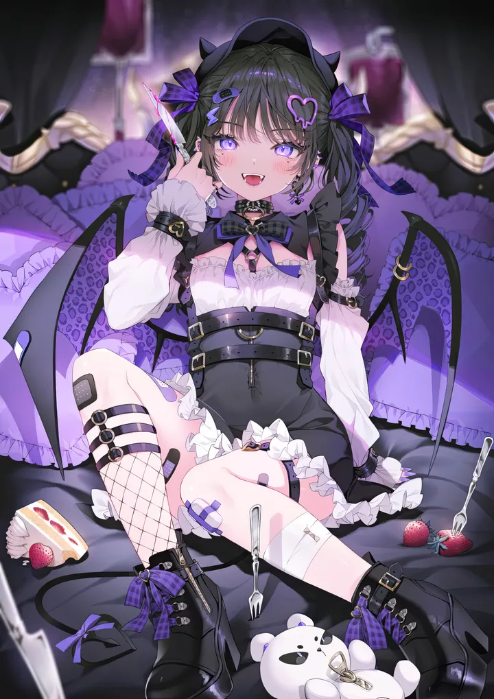 1girl,ribbon,breasts,full_body,cake_slice,bangs,bandaid,solo,twin_drills,twintails,hairclip,on_bed,sitting,multicolored_hair,fangs,thigh_strap,hair_ornament,knife,tail,frilled_pillow,hat,open_mouth,heart,heart_hair_ornament,demon_tail,demon_wings,demon_horns,hand_up,holding,nail_polish,depth_of_field,pillow,blurry,blurry_background,stuffed_animal,stuffed_toy,fruit,syringe,teddy_bear,fishnets,jewelry,white_shirt,looking_at_viewer,skirt,piercing,vertical,smile,purple_ribbon,purple_eyes,purple_bow,bandages,wings,earrings,blush,bandaid_on_leg,frills,strawberry,cake,bow,blood,blood_bag,shirt,socks,fake_horns,horns,small_breasts,dress,drill_hair,long_sleeves,boots,collar,food,fork,high_heel_boots,high_heels,black_hair,black_headwear,black_skirt,black_collar,black_dress,black_footwear