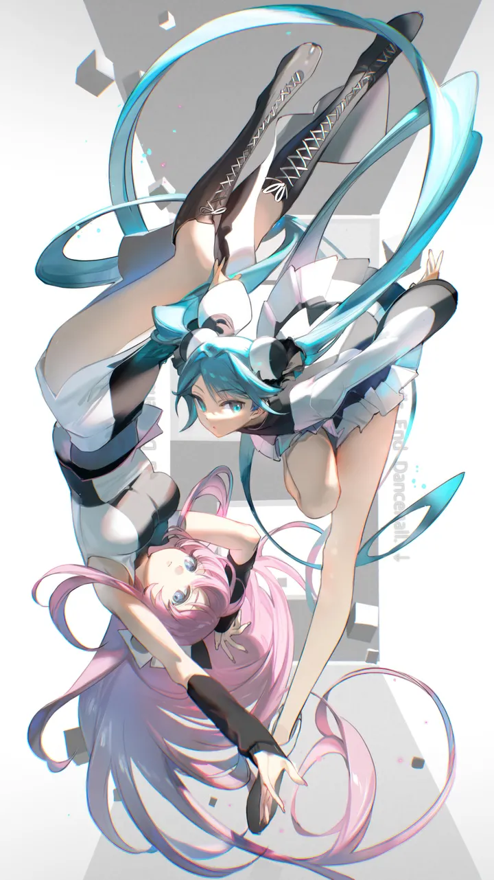 2girls,medium_breasts,arms_up,breasts,upside-down,full_body,bangs,knee_boots,twintails,hairband,multiple_girls,very_long_hair,sleeveless,aqua_hair,aqua_eyes,rotational_symmetry,white_skirt,white_dress,looking_at_viewer,skirt,vertical,smile,pink_hair,lace-up_boots,blue_hair,blue_eyes,dress,long_hair,long_sleeves,boots,cross-laced_footwear,floating_hair,black_footwear