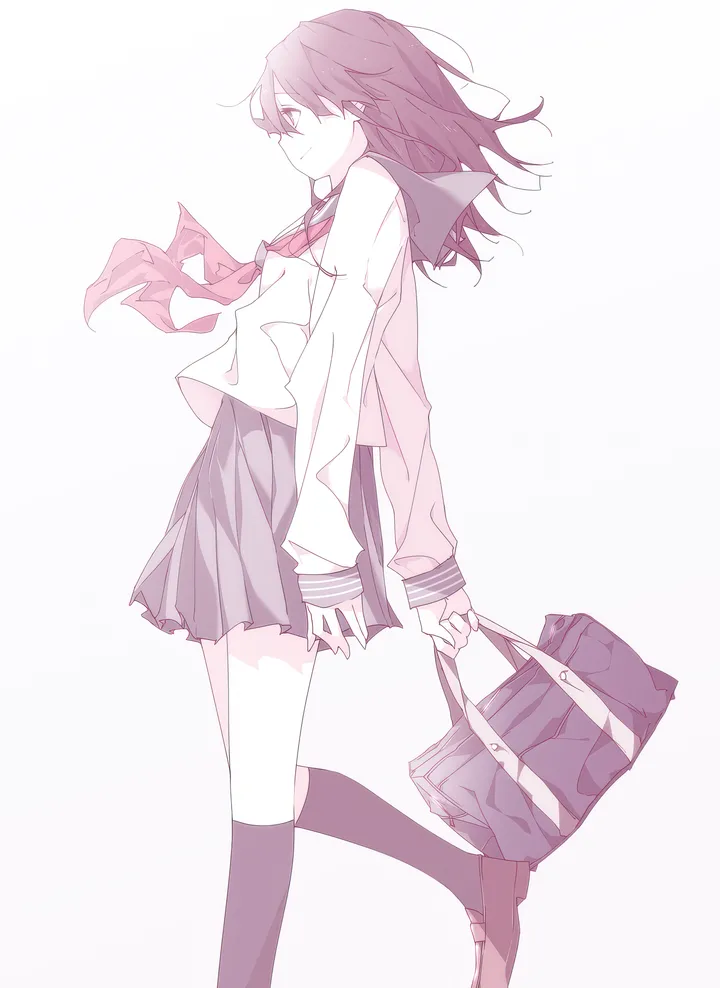 1girl,neckerchief,school_bag,bag,solo,kneehighs,holding,holding_bag,simple_background,school_uniform,serafuku,white_background,pleated_skirt,skirt,vertical,smile,socks,long_hair,long_sleeves,shoes,black_hair,black_socks