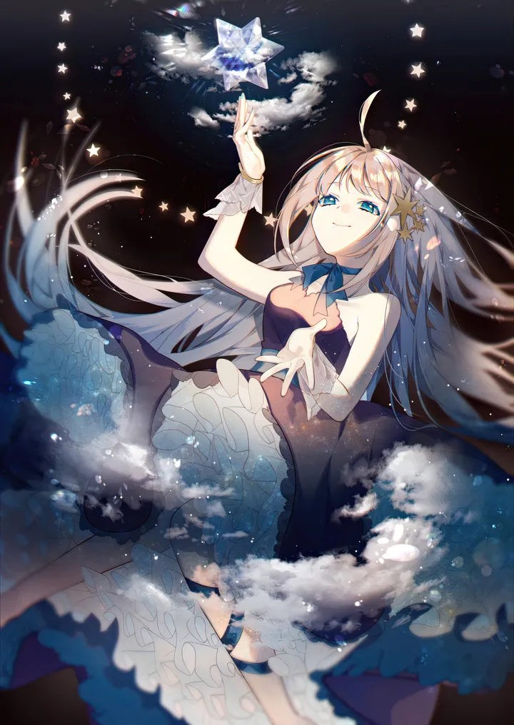 1girl,ribbon,breasts,cloud,bangs,solo,ahoge,closed_mouth,sky,hair_ornament,very_long_hair,sleeveless,sleeveless_dress,star_symbol,star_hair_ornament,star_sky,starry_sky_print,blurry,looking_at_viewer,vertical,smile,wrist_cuffs,frills,frilled_dress,blue_ribbon,blue_eyes,blue_bow,bow,ribbon_choker,petticoat,dress,long_hair,bare_shoulders,choker,black_dress