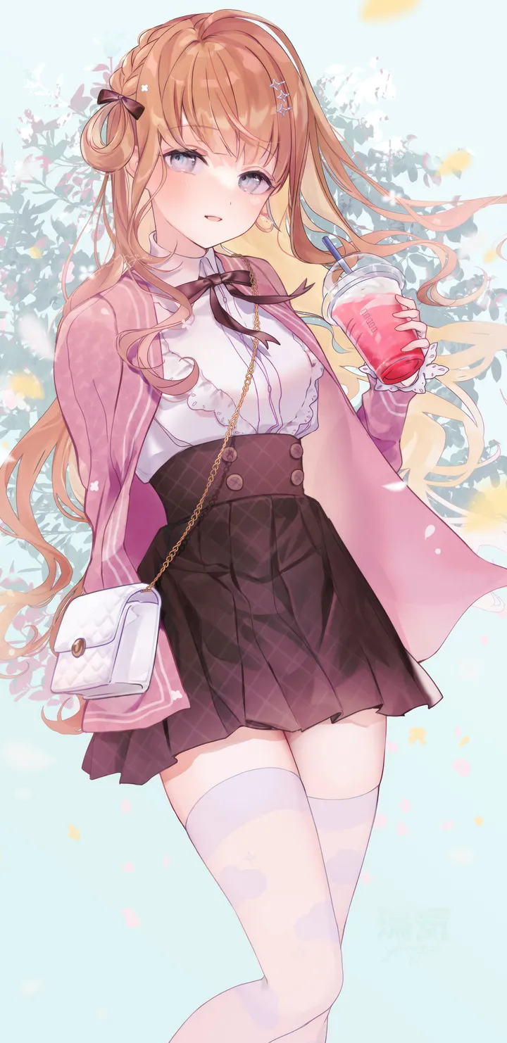 1girl,braid,ribbon,breasts,bangs,bag,solo,shoulder_bag,drinking_straw,hair_ornament,jacket,open_mouth,very_long_hair,parted_lips,holding_cup,handbag,holding,collared_shirt,cup,brown_hair,brown_skirt,grey_eyes,white_shirt,white_thighhighs,pleated_skirt,looking_at_viewer,skirt,vertical,standing,smile,pink_jacket,blush,petals,bow,hair_bow,shirt,shirt_tucked_in,open_jacket,open_clothes,thighhighs,blonde_hair,long_hair,long_sleeves,neck_ribbon,hair_rings,disposable_cup,high-waist_skirt,black_skirt