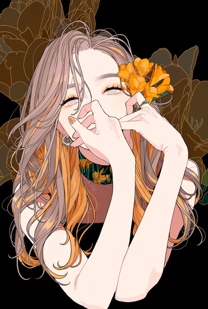 1girl,upper_body,solo,hands_up,multicolored_hair,ring,sleeveless,simple_background,brown_hair,orange_hair,orange_nails,orange_flower,grey_hair,grey_eyes,jewelry,looking_at_viewer,vertical,earrings,covered_mouth,covering_mouth,long_hair,flower,yellow_flower,black_background