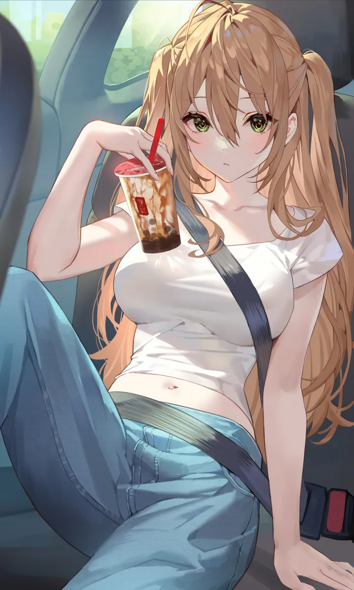 1girl,breasts,bangs,solo,knee_up,drinking_straw,closed_mouth,ground_vehicle,sitting,two_side_up,hair_between_eyes,holding_cup,holding,holding_drink,motor_vehicle,cup,brown_hair,car_interior,denim,jeans,bubble_tea,white_shirt,looking_at_viewer,short_sleeves,vertical,green_eyes,navel,blue_pants,shirt,pants,large_breasts,blonde_hair,collarbone,long_hair,midriff,crop_top,disposable_cup