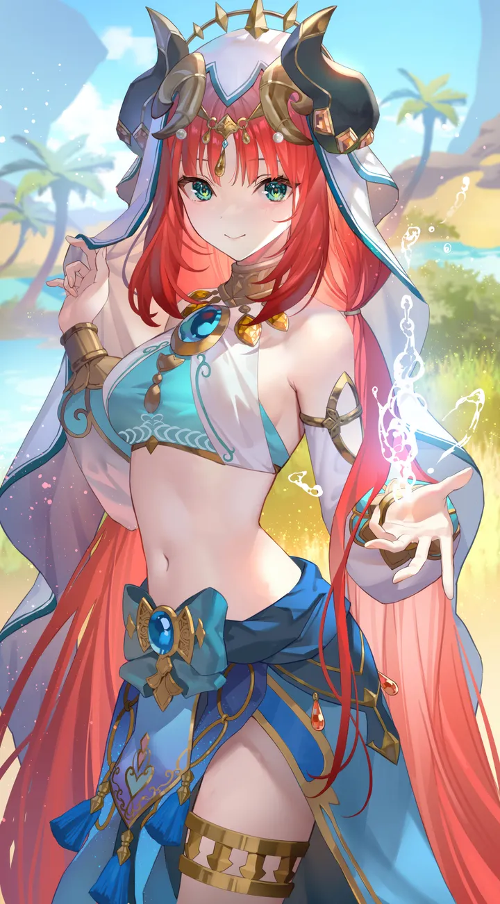 1girl,cowboy_shot,detached_sleeves,medium_breasts,breasts,outstretched_hand,low_twintails,parted_bangs,bangs,solo,twintails,closed_mouth,thighs,thighlet,circlet,gem,stomach,very_long_hair,outdoors,bracer,hand_up,water,aqua_eyes,jewelry,white_headwear,looking_at_viewer,skirt,vertical,smile,red_hair,navel,brooch,blush,harem_outfit,blue_gemstone,blue_skirt,puffy_sleeves,puffy_long_sleeves,horns,gold_trim,long_hair,long_sleeves,bare_shoulders,crop_top,veil,neck_ring