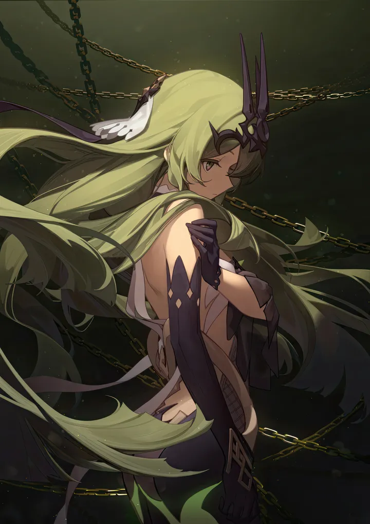 1girl,mismatched_gloves,asymmetrical_gloves,breasts,bangs,claw_ring,solo,single_sleeve,back,closed_mouth,ass,headpiece,very_long_hair,gloves,sleeveless,sleeveless_dress,wavy_hair,slit_pupils,crown,looking_at_viewer,vertical,green_hair,green_eyes,dress,chain,long_hair,elbow_gloves,bare_shoulders,backless_outfit,backless_dress,black_gloves,black_dress