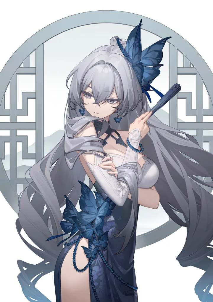 1girl,cowboy_shot,detached_sleeves,chinese_clothes,breasts,cleavage,side_slit,bangs,solo,closed_mouth,hair_ornament,hair_between_eyes,very_long_hair,hand_fan,bracelet,folding_fan,holding_fan,holding,china_dress,sleeveless,sleeveless_dress,grey_hair,grey_eyes,beads,jewelry,looking_at_viewer,vertical,earrings,blue_butterfly,bug,butterfly,butterfly_hair_ornament,large_breasts,dress,drill_hair,long_hair,bare_shoulders