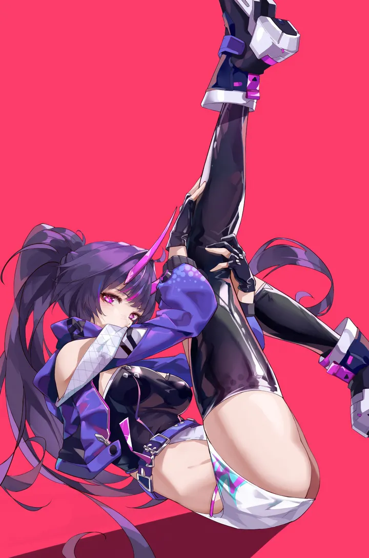 1girl,breasts,bangs,solo,legs_up,jacket,very_long_hair,gloves,fingerless_gloves,simple_background,looking_at_viewer,shorts,vertical,purple_hair,purple_jacket,purple_eyes,horns,lying,thighhighs,long_hair,long_sleeves,boots,bare_shoulders,ponytail,black_gloves,black_thighhighs,black_footwear