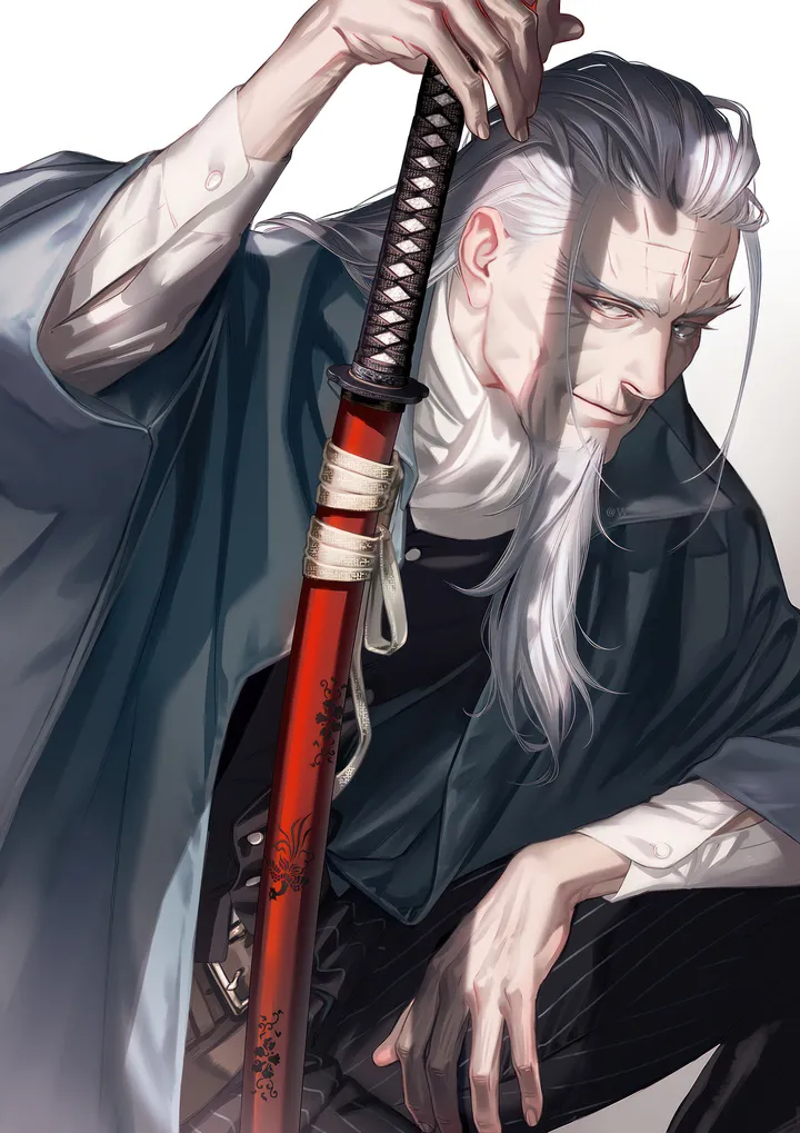 1boy,scar,sheathed,sword,sheath,solo,sitting,old,holding_sword,holding_weapon,holding,japanese_clothes,katana,simple_background,weapon,grey_hair,grey_eyes,male_focus,white_hair,white_background,white_shirt,belt,wrinkled_skin,looking_at_viewer,vertical,smile,haori,old_man,beard,shirt,pants,long_hair,long_sleeves,facial_hair,black_pants