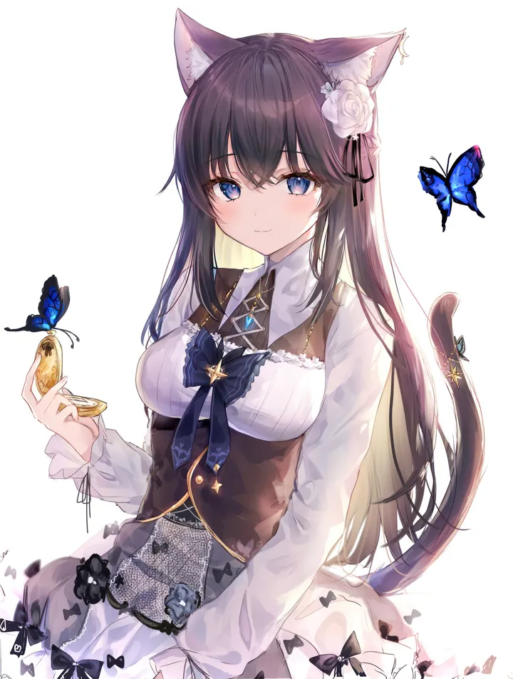 1girl,medium_breasts,breasts,animal_ears,bangs,underbust,solo,closed_mouth,hair_flower,hair_ornament,tail,hair_between_eyes,very_long_hair,hand_up,holding,collared_shirt,simple_background,brown_hair,cat_girl,cat_tail,cat_ears,rose,jewelry,white_rose,white_background,white_flower,white_shirt,looking_at_viewer,skirt,vertical,smile,animal_ear_fluff,blush,frills,blue_eyes,blue_butterfly,bug,butterfly,bow,shirt,long_hair,long_sleeves,flower,black_hair,black_bow