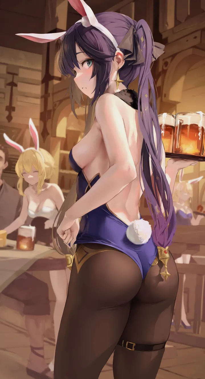 1boy,3girls,cowboy_shot,ribbon,medium_breasts,breasts,cleavage,median_furrow,sideboob,from_side,fake_tail,playboy_bunny,rabbit_tail,rabbit_ears,animal_ears,bangs,fake_animal_ears,solo_focus,closed_eyes,twintails,hairband,back,beer,beer_mug,closed_mouth,looking_back,multiple_girls,thighs,thigh_strap,thighlet,hair_ribbon,hair_ornament,sidelocks,indoors,tail,ass,parted_lips,holding_cup,tray,holding_tray,holding,strapless,strapless_leotard,star_symbol,star_earrings,cup,fur_collar,jewelry,white_hairband,looking_at_viewer,vertical,standing,smile,leotard,purple_hair,purple_leotard,green_eyes,earrings,from_behind,blush,blue_leotard,skindentation,bare_back,bare_arms,pantyhose,alcohol,bar_place,drinking_glass,blonde_hair,long_hair,sparkle_print,bare_shoulders,backless_leotard,detached_collar,drink,mug,highleg_leotard,black_ribbon,black_hair