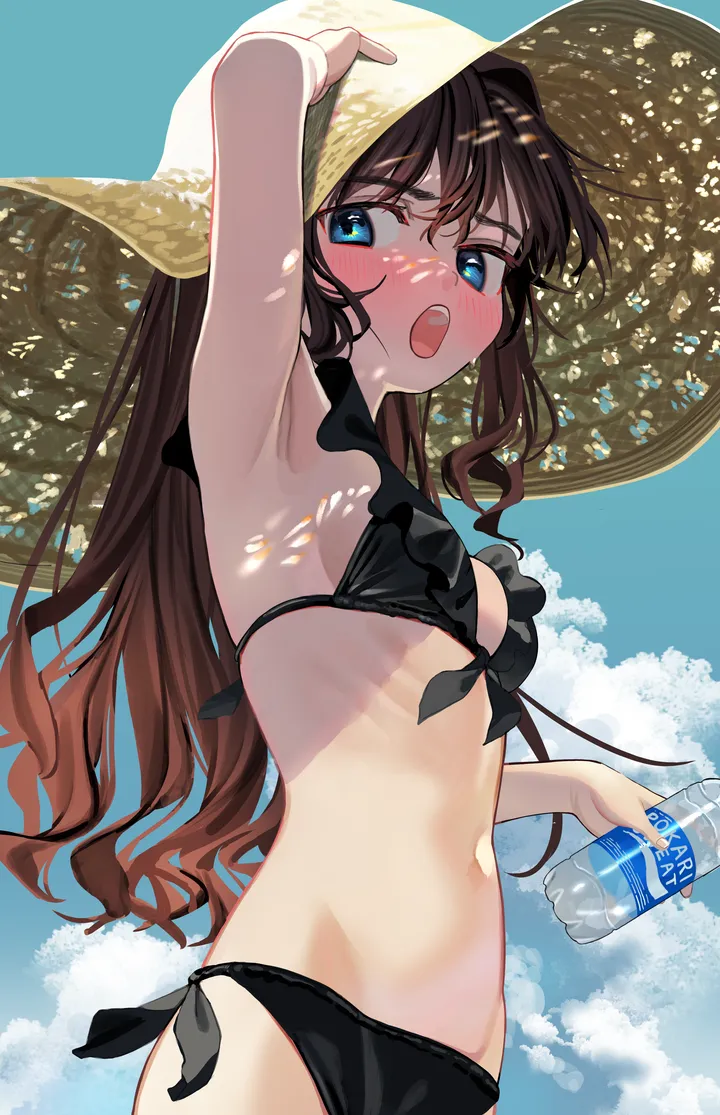 1girl,dappled_sunlight,cowboy_shot,side-tie_bikini_bottom,arm_up,breasts,cloud,upper_teeth_only,front-tie_top,bangs,solo,sky,sun_hat,stomach,hat,open_mouth,outdoors,hand_on_headwear,holding,holding_bottle,brown_hair,brown_headwear,bikini,water_bottle,swimsuit,teeth,bottle,day,looking_at_viewer,vertical,front-tie_bikini_top,ribs,navel,blush,armpits,frills,frilled_bikini,straw_hat,blue_sky,blue_eyes,small_breasts,hair_intakes,long_hair,sunlight,black_bikini