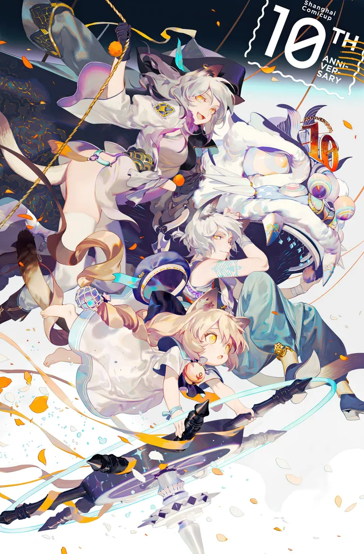 1boy,2girls,animal_ears,multiple_girls,tail,hat,open_mouth,gloves,cat_ears,jingle_bell,white_hair,white_dress,short_hair,vertical,smile,barefoot,dress,blonde_hair,bell,long_hair,yellow_eyes,black_gloves