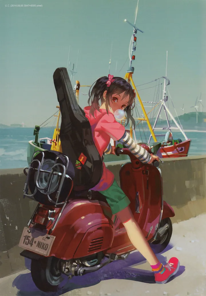 1girl,instrument_case,hood,short_over_long_sleeves,layered_sleeves,bangs,solo,twintails,chewing_gum,guitar_case,bubble_blowing,looking_back,ground_vehicle,sky,hair_ornament,outdoors,motorcycle,motor_vehicle,striped,water,hood_down,ocean,scooter,day,looking_at_viewer,shorts,vertical,pink_hoodie,red_eyes,red_footwear,green_shorts,boat,watercraft,bow,hair_bow,socks,sneakers,hoodie,long_sleeves,shoes,black_hair