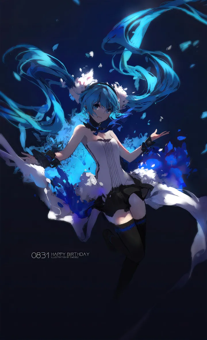 1girl,artist_name,solo,twintails,character_name,very_long_hair,strapless,aqua_hair,looking_at_viewer,skirt,vertical,wrist_cuffs,zettai_ryouiki,blue_hair,blue_eyes,absurdly_long_hair,thighhighs,long_hair,bare_shoulders,floating_hair,black_skirt,black_thighhighs