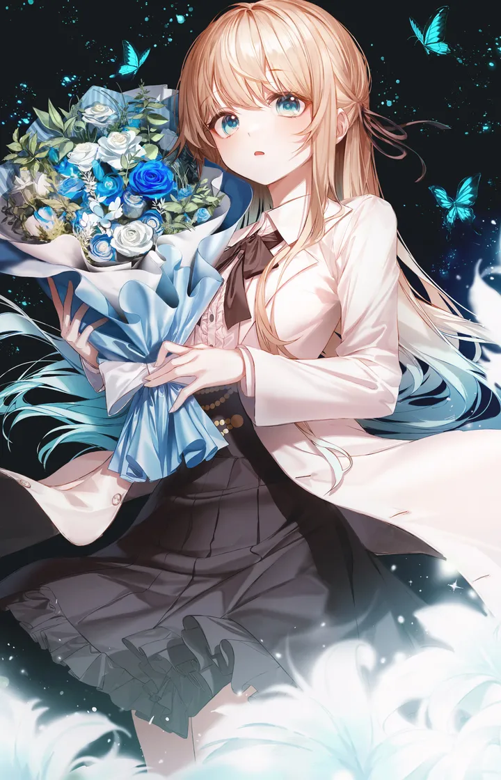 1girl,cowboy_shot,ribbon,bangs,solo,multicolored_hair,hair_ribbon,jacket,parted_lips,holding_bouquet,holding,collared_shirt,gradient_hair,rose,white_jacket,white_rose,white_flower,white_shirt,pleated_skirt,looking_at_viewer,skirt,vertical,blush,bouquet,frills,blue_hair,blue_eyes,blue_flower,blue_butterfly,bug,butterfly,bow,shirt,open_clothes,blonde_hair,long_hair,long_sleeves,flower,black_skirt,black_background,black_bow