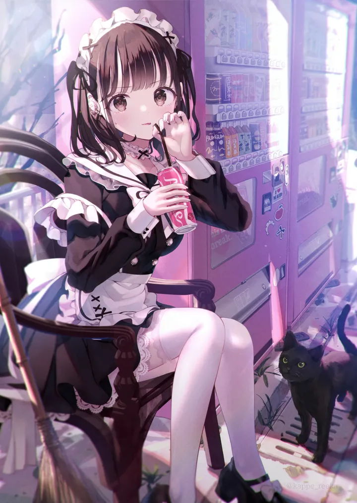 1girl,ribbon,medium_hair,bangs,animal,solo,hands_up,drinking_straw,apron,on_chair,sitting,maid,maid_apron,maid_headdress,parted_lips,outdoors,broom,holding_can,holding,holding_drink,can,tree,brown_hair,brown_eyes,chair,cat,white_apron,white_thighhighs,looking_at_viewer,vertical,blush,vending_machine,frills,frilled_apron,lace-trimmed_legwear,lace_trim,bow,thighhighs,dress,long_sleeves,shoes,choker,drink,black_ribbon,black_hair,black_cat,black_dress,black_footwear