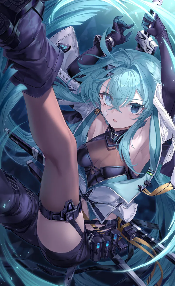 1girl,medium_breasts,arms_up,breasts,bangs,bandaid,sword,sheath,solo,single_leg_pantyhose,single_thighhigh,single_pantsleg,thigh_strap,hair_ornament,jacket,hair_between_eyes,open_mouth,very_long_hair,gloves,holding_sword,holding_weapon,holding,katana,weapon,aqua_hair,white_jacket,looking_at_viewer,shorts,vertical,earrings,armpits,blue_hair,blue_eyes,open_jacket,open_clothes,small_breasts,thighhighs,long_hair,elbow_gloves,boots,floating_hair,black_gloves