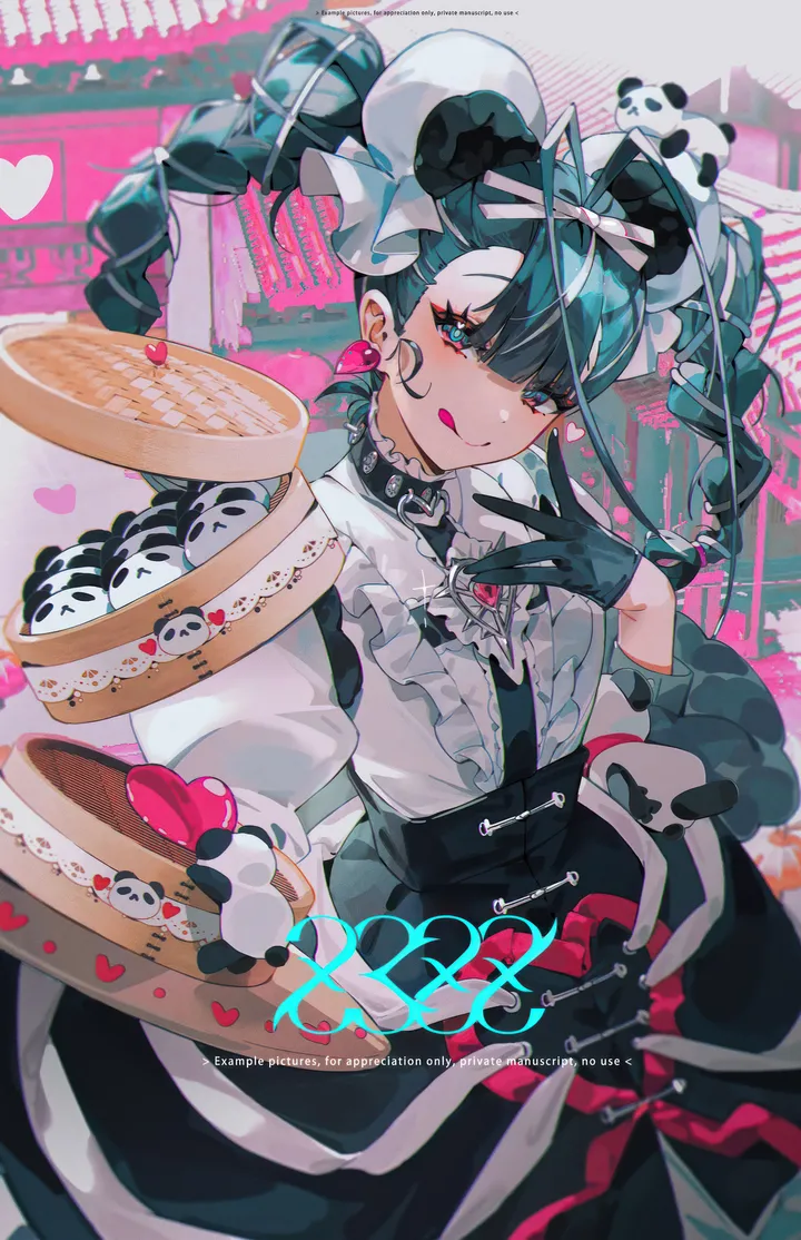 1girl,braid,twin_braids,animal_ears,bangs,solo,tongue_out,heart,gloves,jewelry,looking_at_viewer,vertical,smile,earrings,tongue,frills,blue_eyes,bow,hair_bow,dress,long_hair,long_sleeves,collar,food,black_hair,black_gloves