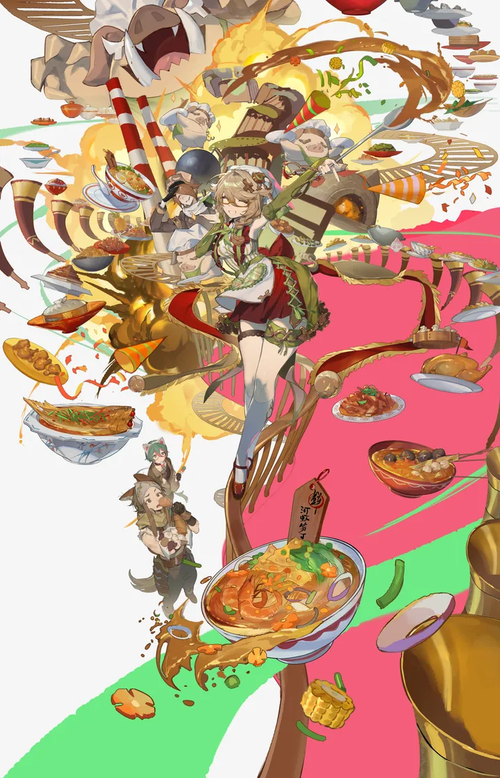 detached_sleeves,bangs,closed_eyes,apron,multiple_girls,hat,open_mouth,spaghetti,pasta,ramen,holding,brown_hair,spoon,explosion,plate,short_hair,bowl,vertical,smile,noodles,food