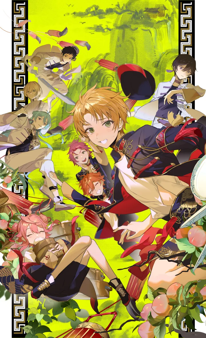 6-boys,east_asian_architecture,chinese_clothes,sword,closed_eyes,leaf,multiple_boys,hat,architecture,open_mouth,headwear_removed,hat_removed,peach,brown_hair,orange_hair,weapon,fruit,aqua_hair,male_focus,shorts,vertical,smile,pink_hair,red_hair,green_hair,green_eyes,blue_hair,blonde_hair,grin,food,yellow_eyes,black_hair