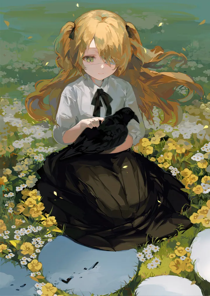 1girl,one_eye_covered,ribbon,crow,bangs,animal,solo,closed_mouth,sitting,hair_ribbon,hair_over_one_eye,two_side_up,outdoors,collared_shirt,field,white_flower,white_shirt,eyepatch,skirt,vertical,green_eyes,flower_field,grass,bow,shirt,blonde_hair,long_hair,long_sleeves,long_skirt,bowtie,neck_ribbon,flower,bird,yellow_flower,black_ribbon,black_skirt