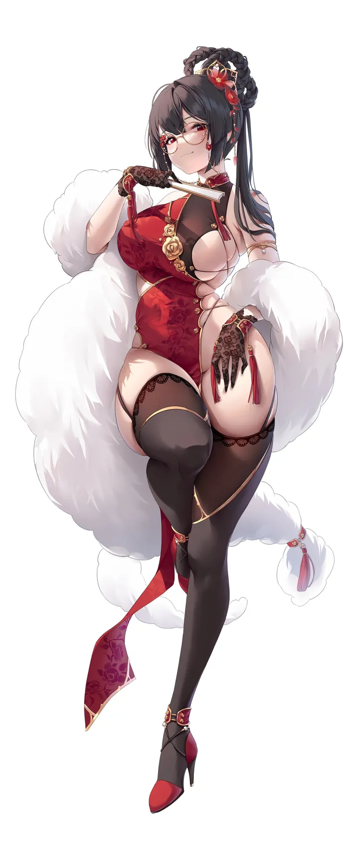 1girl,chinese_clothes,breasts,sideboob,full_body,bangs,solo,single_hair_bun,standing_on_one_leg,garter_straps,closed_mouth,hair_bun,thighs,hair_flower,hair_ornament,sidelocks,hair_between_eyes,hand_fan,gloves,bracelet,folding_fan,shawl,holding_fan,holding,china_dress,pelvic_curtain,sleeveless,sleeveless_dress,simple_background,jewelry,white_background,looking_at_viewer,glasses,vertical,standing,smile,red_eyes,red_flower,red_dress,red_footwear,feather_boa,thick_thighs,blush,armlet,lace_gloves,skindentation,large_breasts,thighhighs,dress,gold_trim,long_hair,folded_fan,covered_navel,bare_shoulders,high_heels,flower,black_hair,black_gloves,black_thighhighs