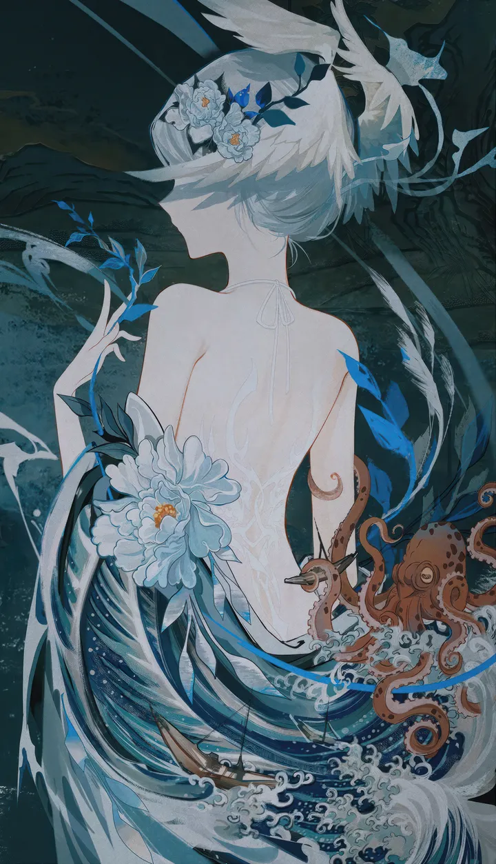 1girl,solo,back,head_wings,hair_flower,hair_ornament,hand_up,water,waves,white_hair,white_flower,short_hair,vertical,wings,from_behind,boat,watercraft,blue_flower,bare_back,tentacles,dress,bare_shoulders,backless_outfit,backless_dress,facing_away,flower