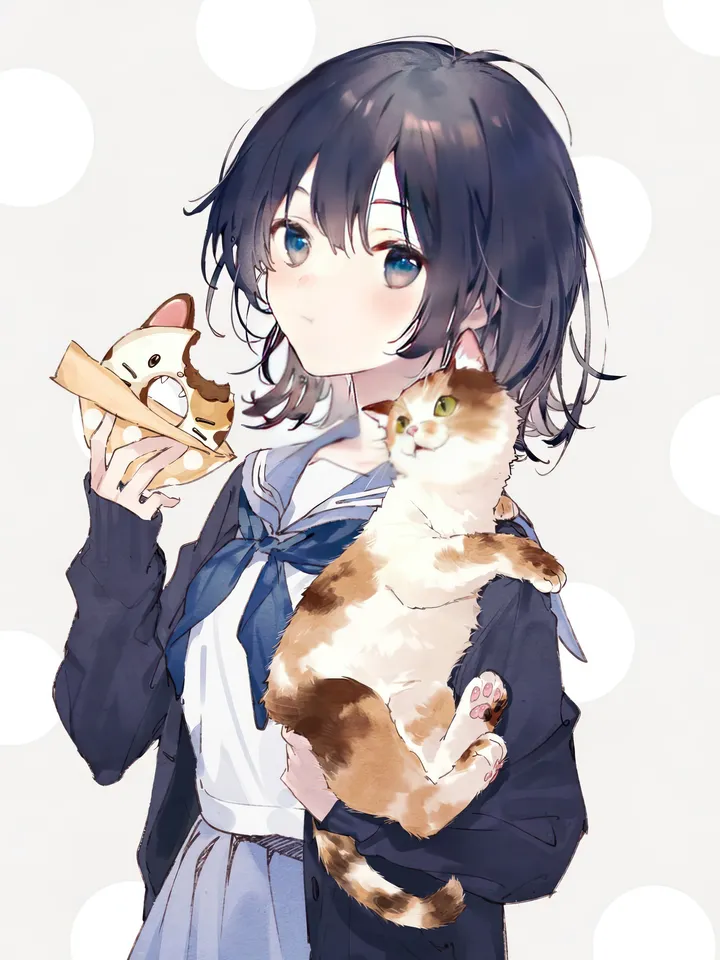 1girl,calico,neckerchief,medium_hair,upper_body,bangs,animal,solo,eating,closed_mouth,jacket,hair_between_eyes,cardigan,holding_animal,holding_cat,holding,holding_food,simple_background,school_uniform,serafuku,sailor_collar,cat,white_background,white_shirt,pleated_skirt,looking_at_viewer,short_hair,skirt,vertical,blush,blue_neckerchief,blue_sailor_collar,blue_eyes,blue_skirt,shirt,sleeves_past_wrists,open_clothes,long_sleeves,food,black_hair