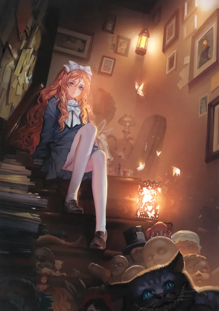 1girl,loafers,book,book_stack,doll,light_particles,bangs,solo,glowing,stairs,closed_mouth,sitting,indoors,hat,very_long_hair,parted_lips,painting_object,school_uniform,brown_footwear,orange_hair,stuffed_animal,stuffed_toy,wavy_hair,lamp,cat,white_ribbon,white_bow,white_socks,white_bowtie,pleated_skirt,picture_frame,looking_at_viewer,skirt,vertical,blue_eyes,bug,butterfly,bow,hair_bow,shirt,socks,blonde_hair,long_hair,long_sleeves,shoes,bowtie,skull,top_hat,black_skirt