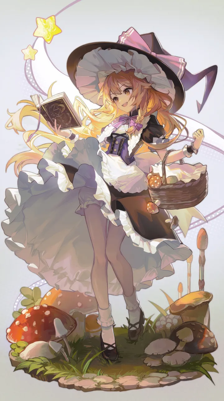 1girl,braid,book,full_body,underwear,bangs,solo,single_braid,apron,witch_hat,waist_apron,hat_bow,hat,open_mouth,very_long_hair,holding,holding_book,holding_basket,star_symbol,bloomers,mary_janes,white_apron,white_socks,short_sleeves,vertical,standing,smile,basket,wrist_cuffs,purple_bow,bobby_socks,open_book,frills,grass,puffy_short_sleeves,puffy_sleeves,mushroom,bow,hair_bow,petticoat,socks,dress,blonde_hair,long_hair,shoes,bowtie,yellow_eyes,black_headwear,black_dress,black_footwear