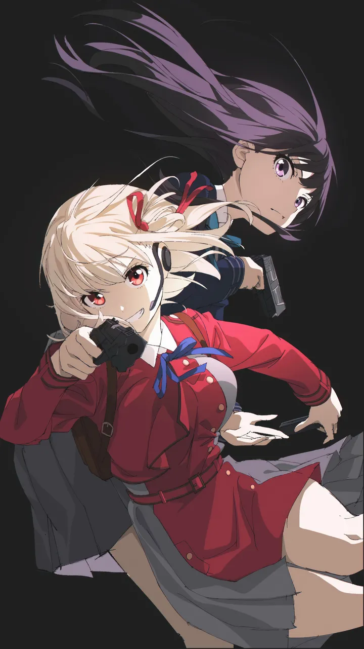 2girls,ribbon,bangs,two-tone_dress,closed_mouth,multiple_girls,hair_ribbon,aiming_at_viewer,holding_weapon,handgun,holding_gun,holding,collared_shirt,simple_background,gun,weapon,grey_dress,teeth,white_shirt,pleated_dress,belt,looking_at_viewer,short_hair,vertical,smile,purple_hair,purple_eyes,red_ribbon,red_eyes,red_belt,red_dress,blue_ribbon,blue_dress,shirt,dress,blonde_hair,long_hair,neck_ribbon,floating_hair,black_hair,black_background