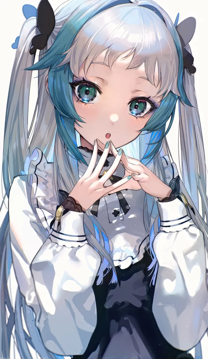 1boy,upper_body,otoko_no_ko,bangs,solo,hands_up,multicolored_hair,hair_ornament,crossdressing,makeup,two_side_up,steepled_fingers,open_mouth,fingernails,nail_polish,simple_background,aqua_eyes,grey_hair,male_focus,white_background,white_shirt,looking_at_viewer,eyeshadow,eyelashes,vertical,blush,frills,frilled_shirt_collar,blue_hair,blue_nails,blue_eyes,butterfly_hair_ornament,dress,long_hair,long_sleeves,black_dress