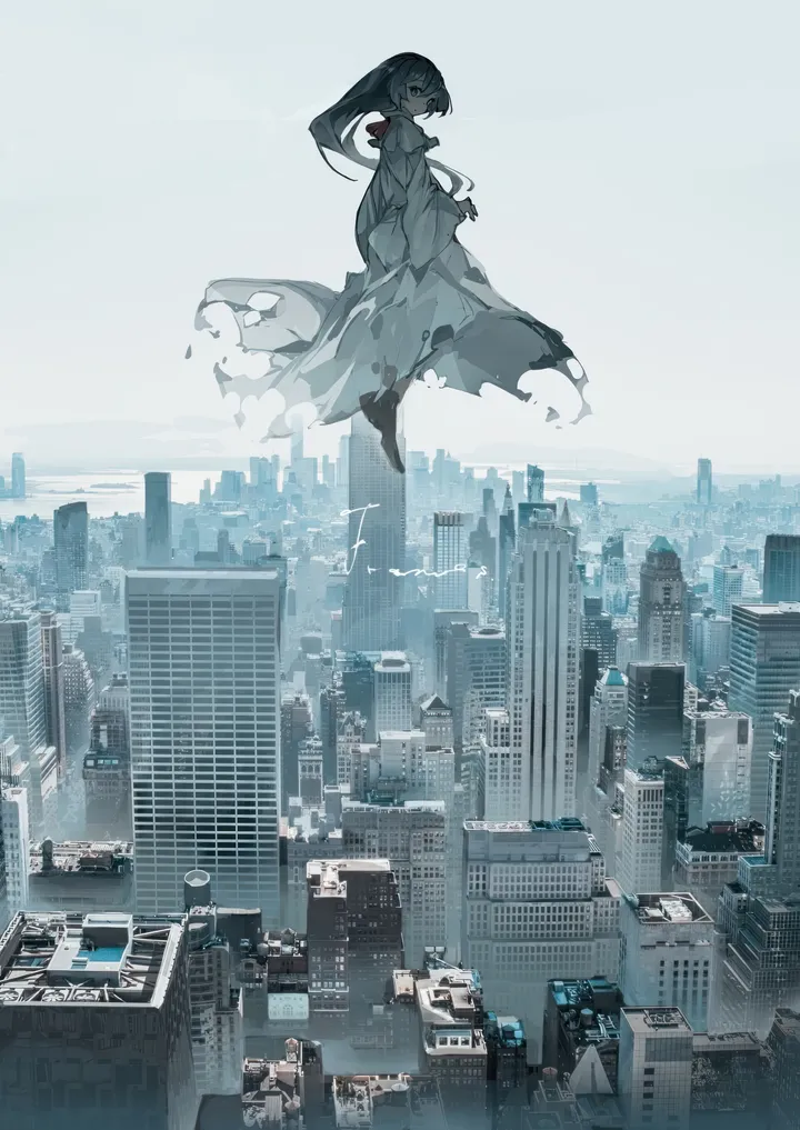 1girl,solo,city,cityscape,sky,building,outdoors,skyscraper,white_dress,looking_at_viewer,torn_clothes,vertical,dress,long_hair,scenery,ponytail,black_hair